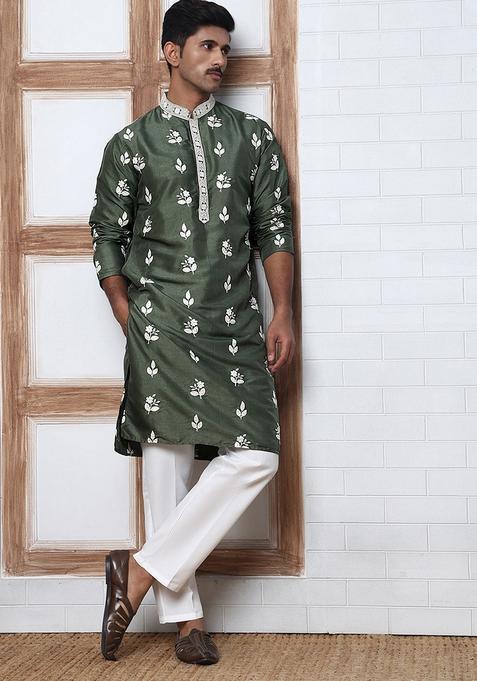 Olive Embroidery Silk Kurta Pyjama Set For Men