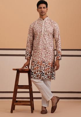 Peach Printed Cotton Kurta Pyjama Set For Men