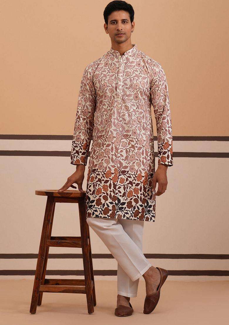 Peach Printed Cotton Kurta Pyjama Set For Men - Indya