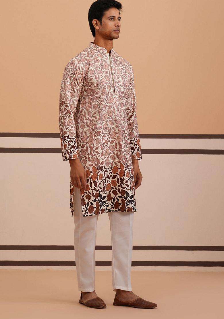 Peach Printed Cotton Kurta Pyjama Set For Men - Indya