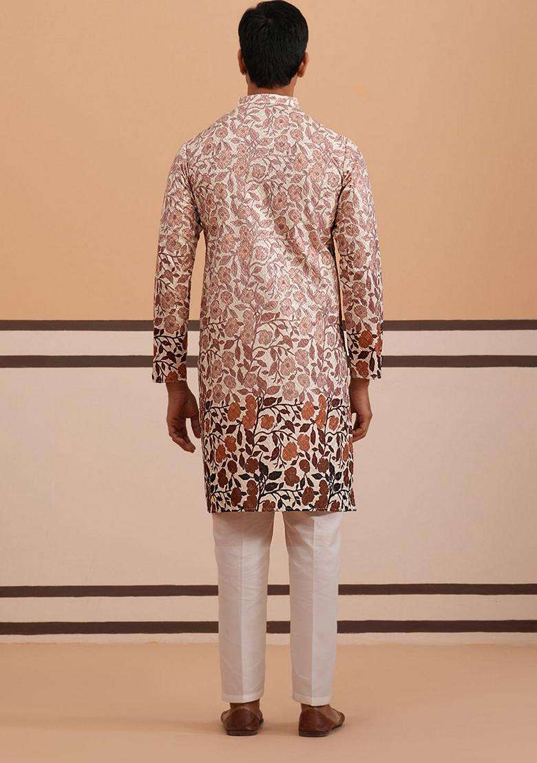 Peach Printed Cotton Kurta Pyjama Set For Men - Indya
