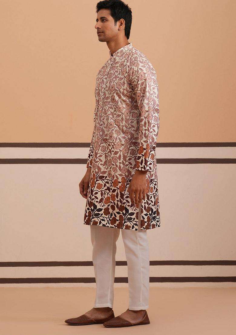 Peach Printed Cotton Kurta Pyjama Set For Men - Indya