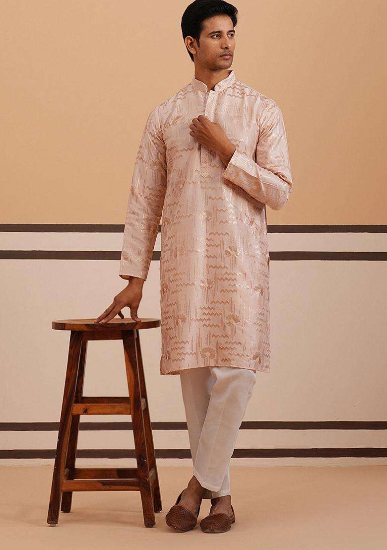 Peach Embroidery Silk Blend Kurta Pyjama Set For Men - Indya