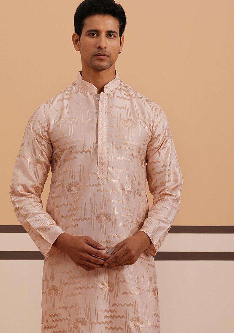 Peach Embroidery Silk Blend Kurta Pyjama Set For Men - Indya