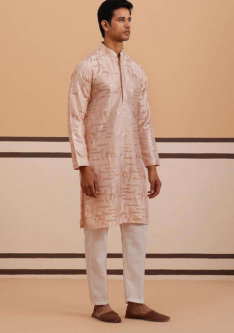 Peach Embroidery Silk Blend Kurta Pyjama Set For Men - Indya