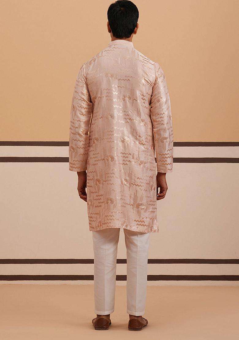 Peach Embroidery Silk Blend Kurta Pyjama Set For Men - Indya
