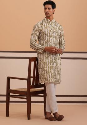Olive Printed Cotton Kurta Pyjama Set For Men