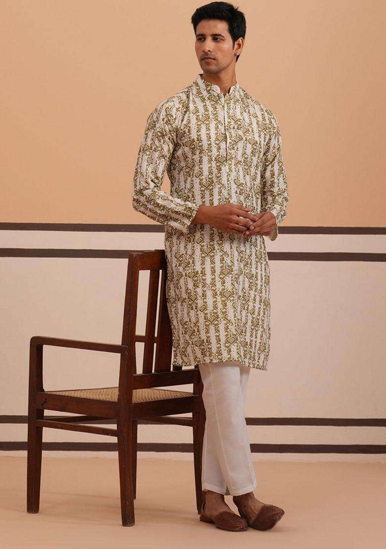 Olive Printed Cotton Kurta Pyjama Set For Men - Indya
