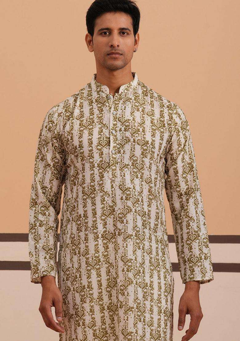 Olive Printed Cotton Kurta Pyjama Set For Men - Indya