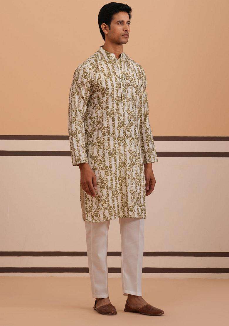 Olive Printed Cotton Kurta Pyjama Set For Men - Indya