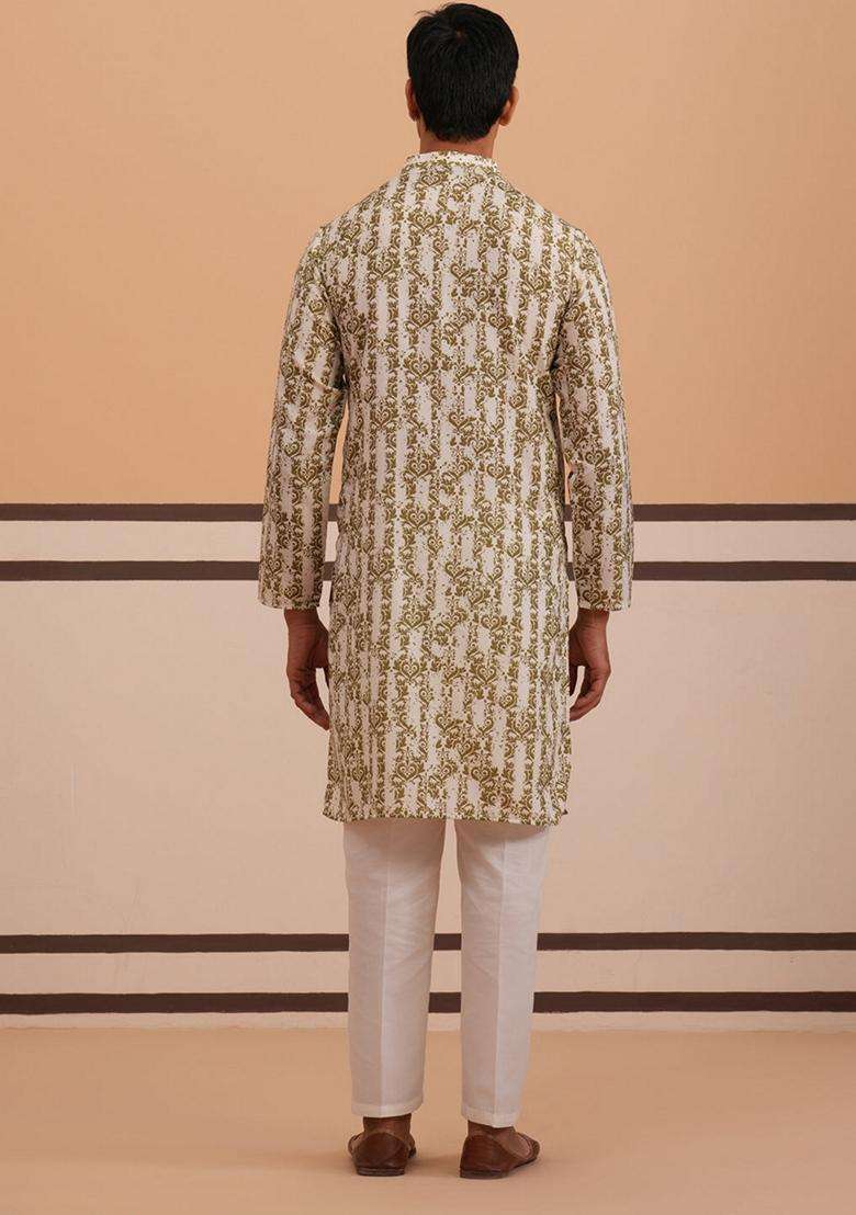 Olive Printed Cotton Kurta Pyjama Set For Men - Indya