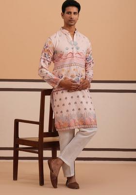 Peach Printed Cotton Kurta Pyjama Set For Men