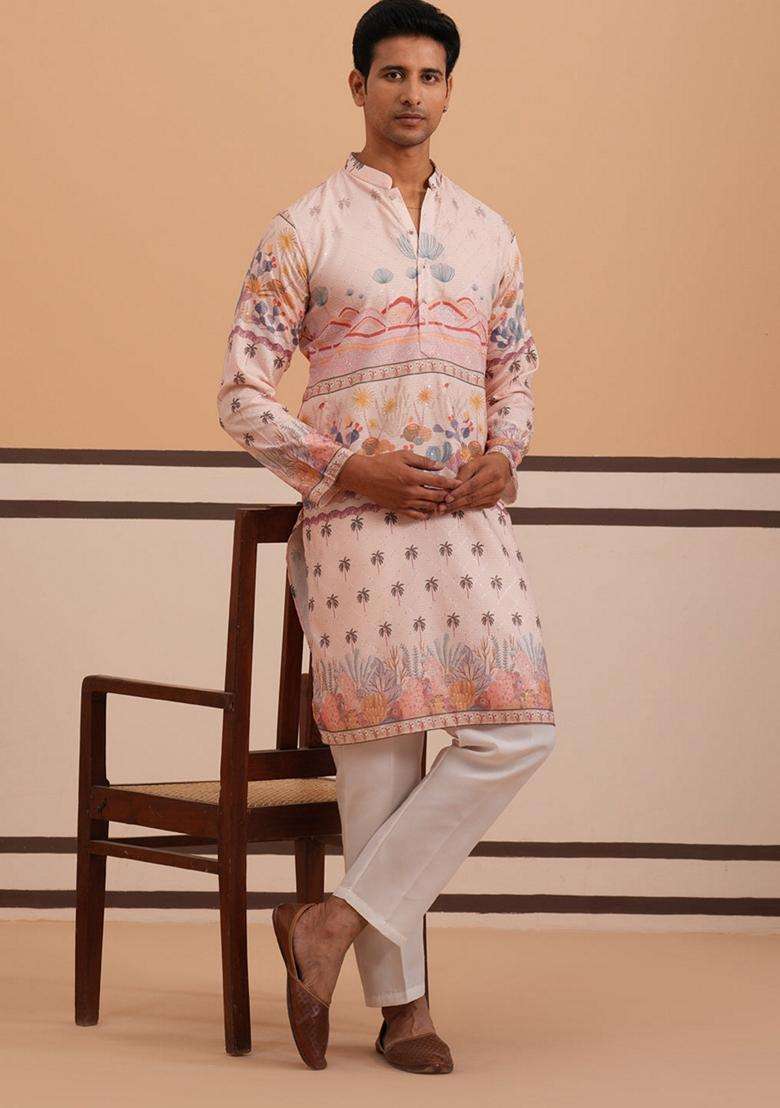 Peach Printed Cotton Kurta Pyjama Set For Men - Indya