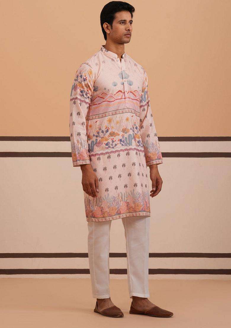Peach Printed Cotton Kurta Pyjama Set For Men - Indya