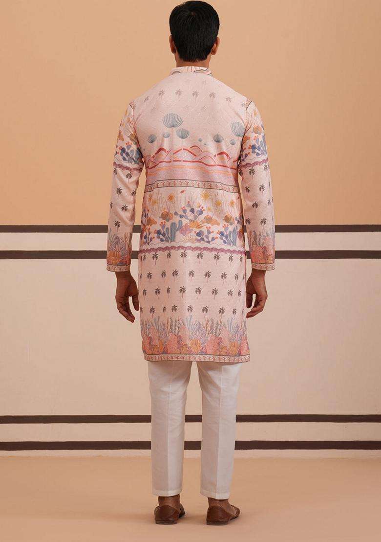 Peach Printed Cotton Kurta Pyjama Set For Men - Indya