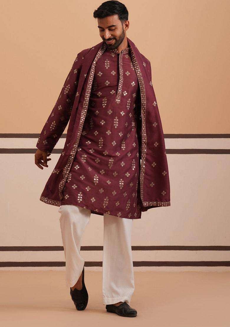Maroon Embroidery Silk Blend Kurta Pyjama Set For Men - Indya