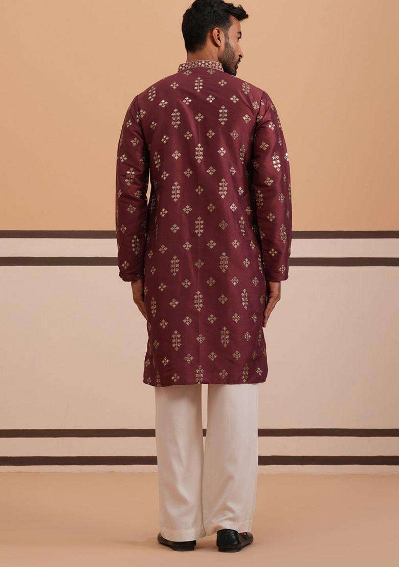 Maroon Embroidery Silk Blend Kurta Pyjama Set For Men - Indya