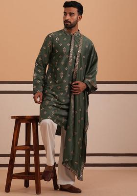 Olive Embroidery Silk Kurta Pyjama Set For Men