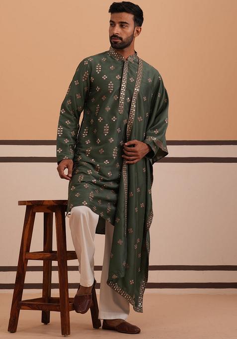 Olive Embroidery Silk Kurta Pyjama Set For Men