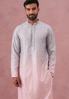 Peach Embroidery Silk Kurta Pyjama Set For Men