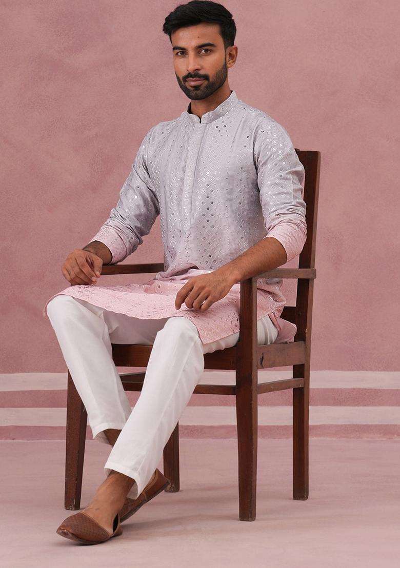 Peach Embroidery Silk Blend Kurta Pyjama Set For Men - Indya