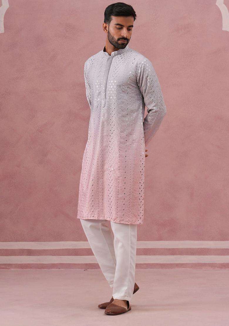 Peach Embroidery Silk Blend Kurta Pyjama Set For Men - Indya