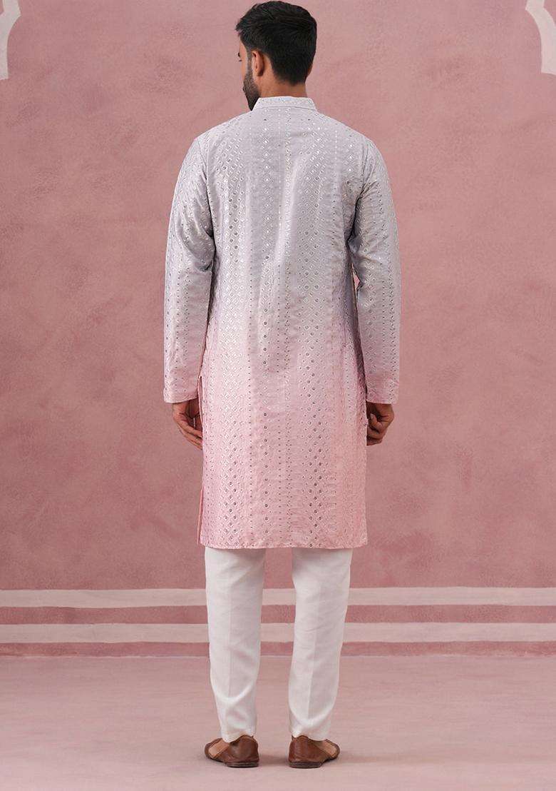 Peach Embroidery Silk Blend Kurta Pyjama Set For Men - Indya