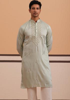 Pista Embroidery Silk Kurta Pyjama Set For Men