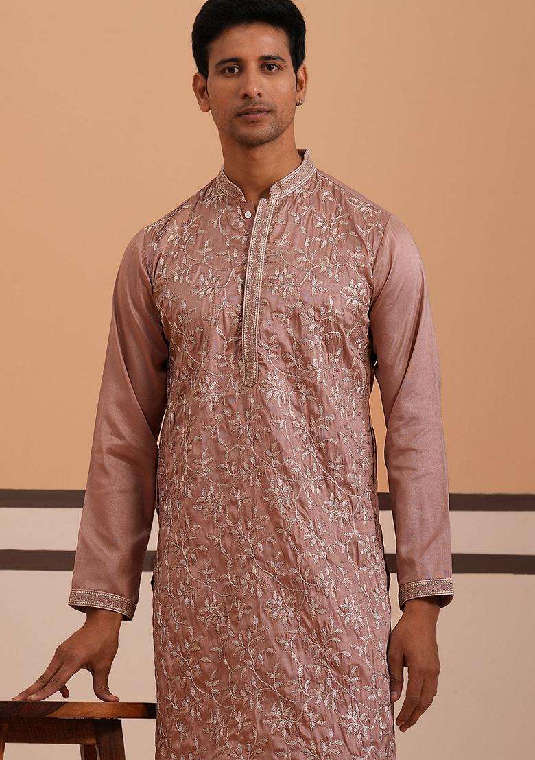 Peach Embroidery Silk Blend Kurta Pyjama Set For Men - Indya