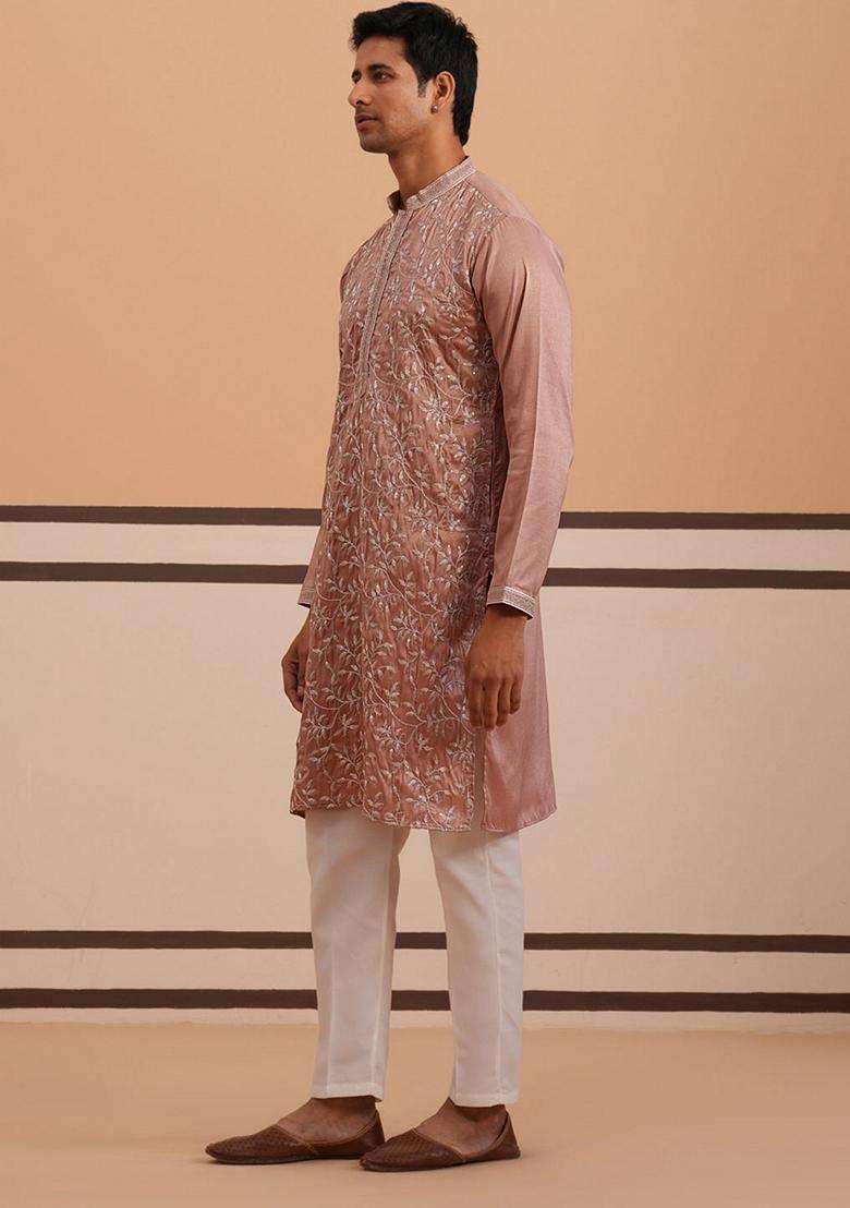 Peach Embroidery Silk Blend Kurta Pyjama Set For Men - Indya