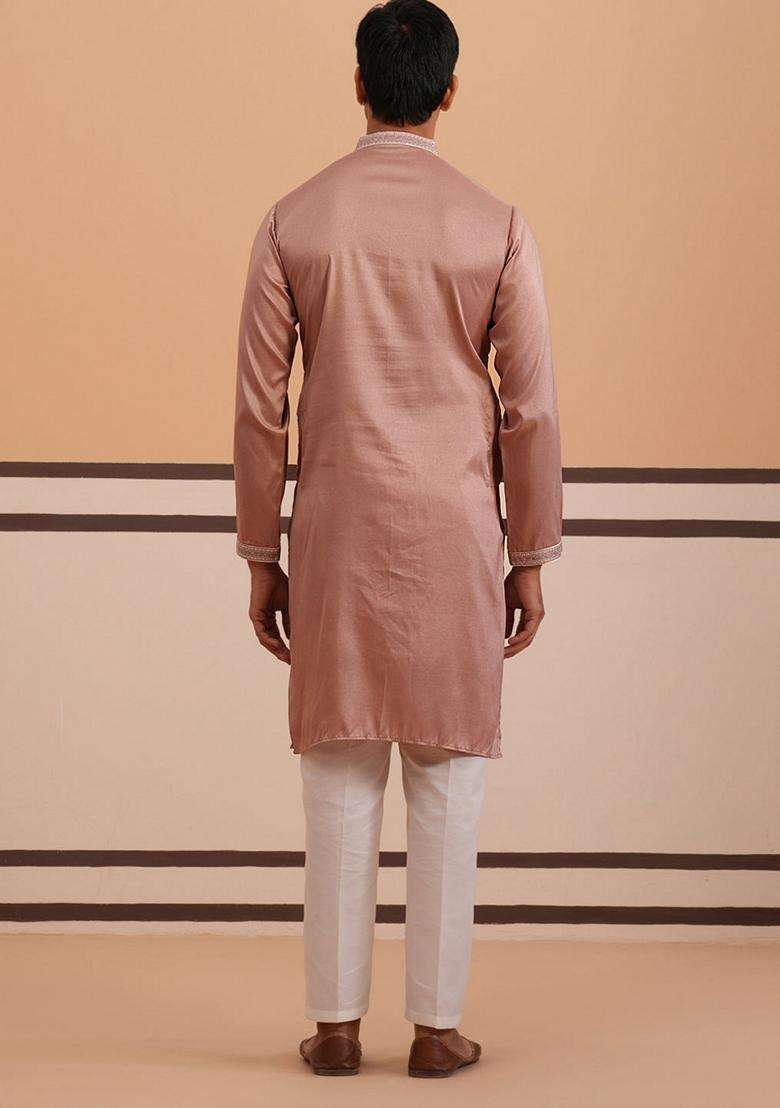 Peach Embroidery Silk Blend Kurta Pyjama Set For Men - Indya