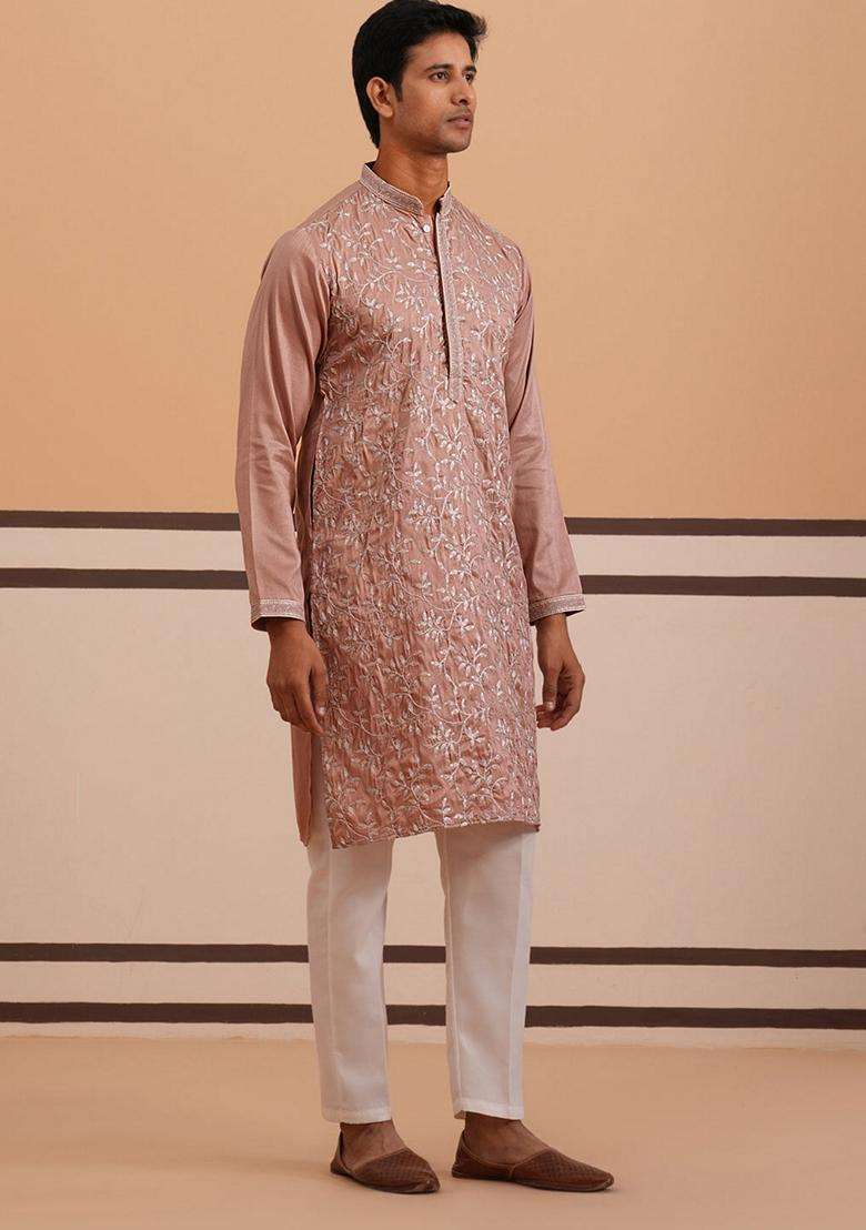 Peach Embroidery Silk Blend Kurta Pyjama Set For Men - Indya