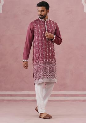 Maroon Embroidery Silk Kurta Pyjama Set For Men