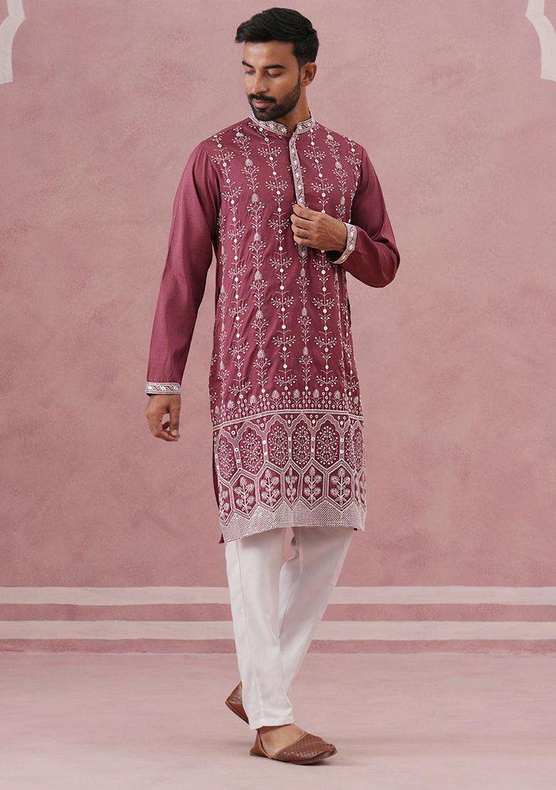Maroon Embroidery Silk Blend Kurta Pyjama Set For Men - Indya