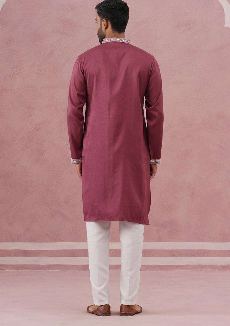 Maroon Embroidery Silk Blend Kurta Pyjama Set For Men - Indya