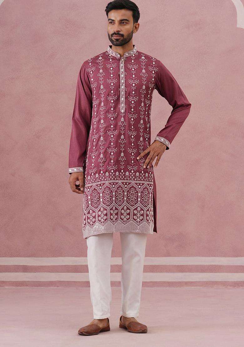 Maroon Embroidery Silk Blend Kurta Pyjama Set For Men - Indya