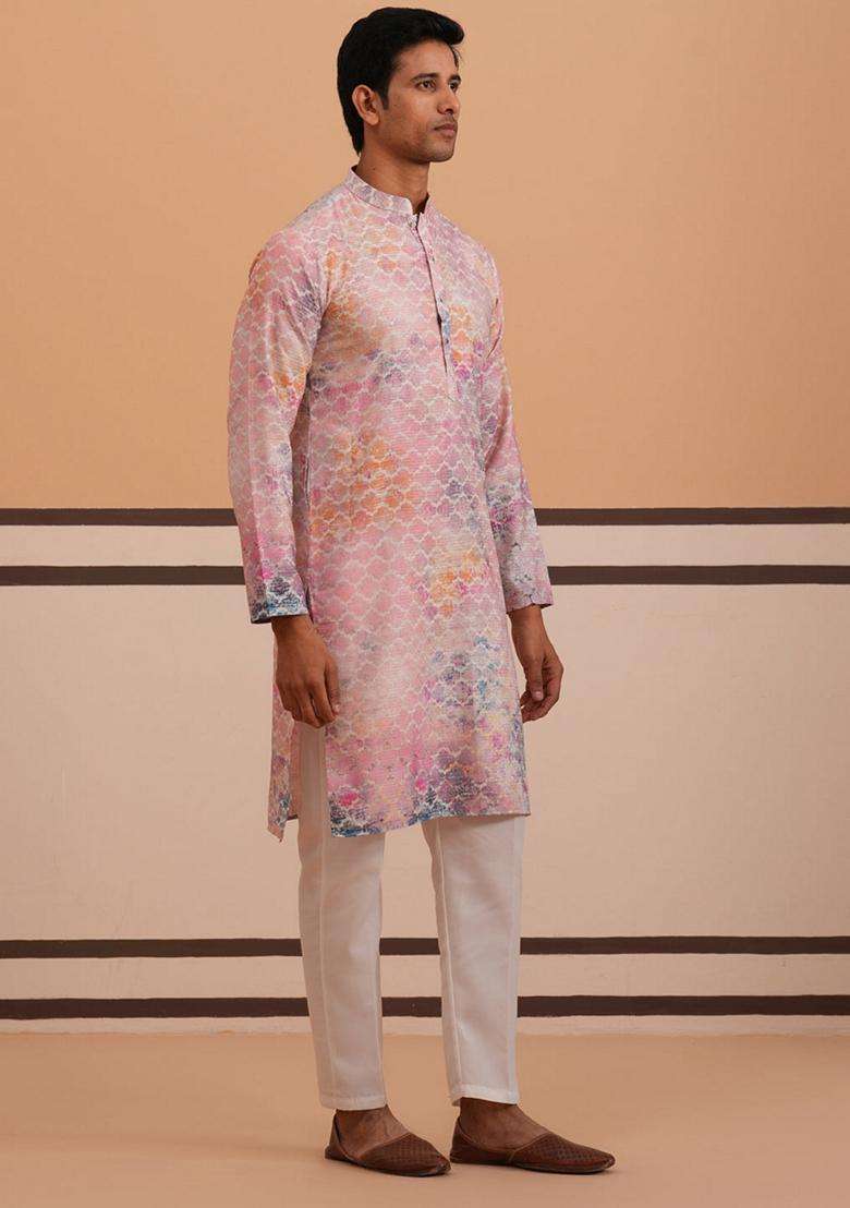 Peach Embroidery Cotton Kurta Pyjama Set For Men - Indya