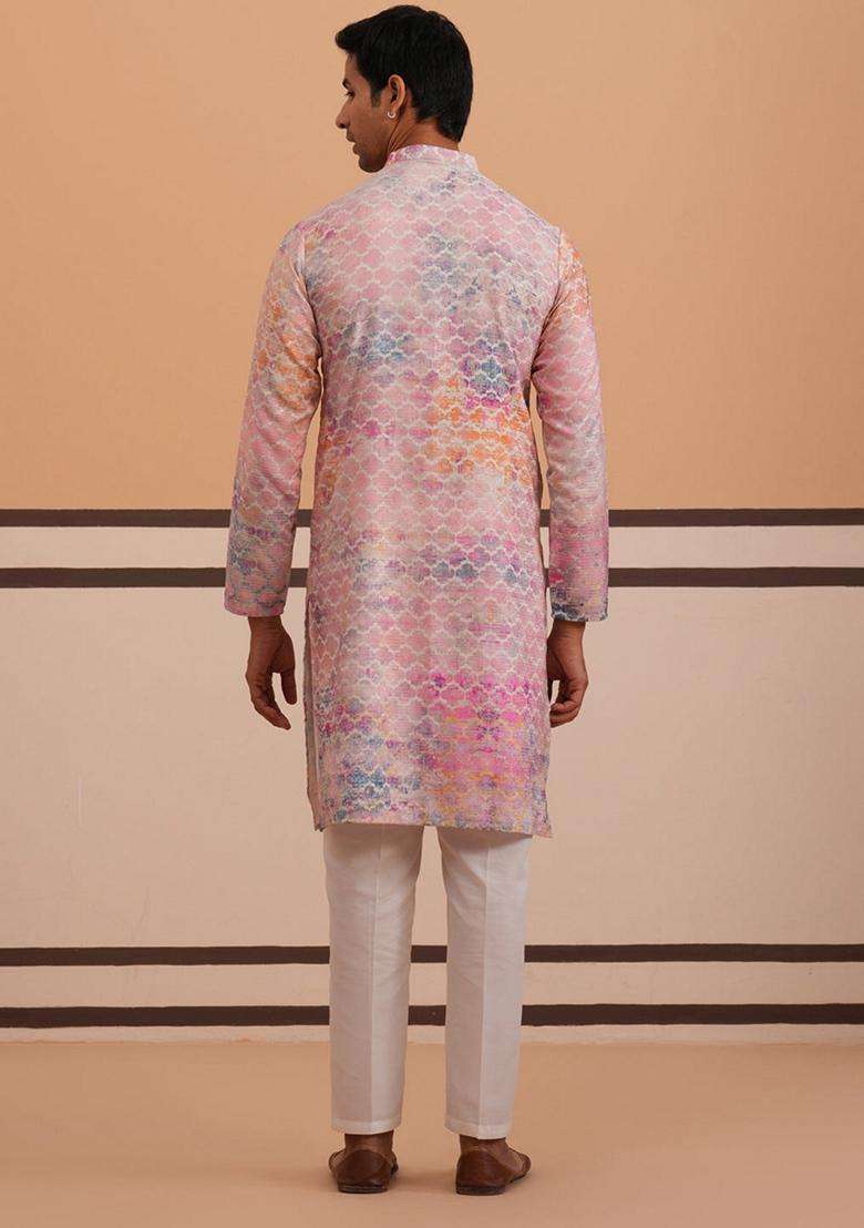 Peach Embroidery Cotton Kurta Pyjama Set For Men - Indya