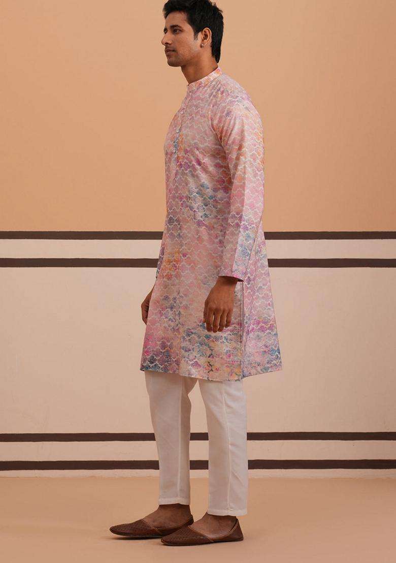 Peach Embroidery Cotton Kurta Pyjama Set For Men - Indya
