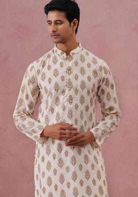 Cream Printed Silk Kurta Pyjama Set For Men