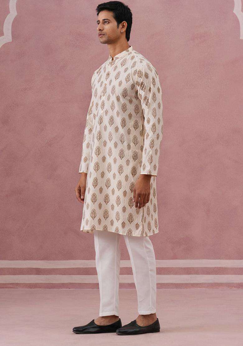 Cream Printed Silk Blend Kurta Pyjama Set For Men - Indya