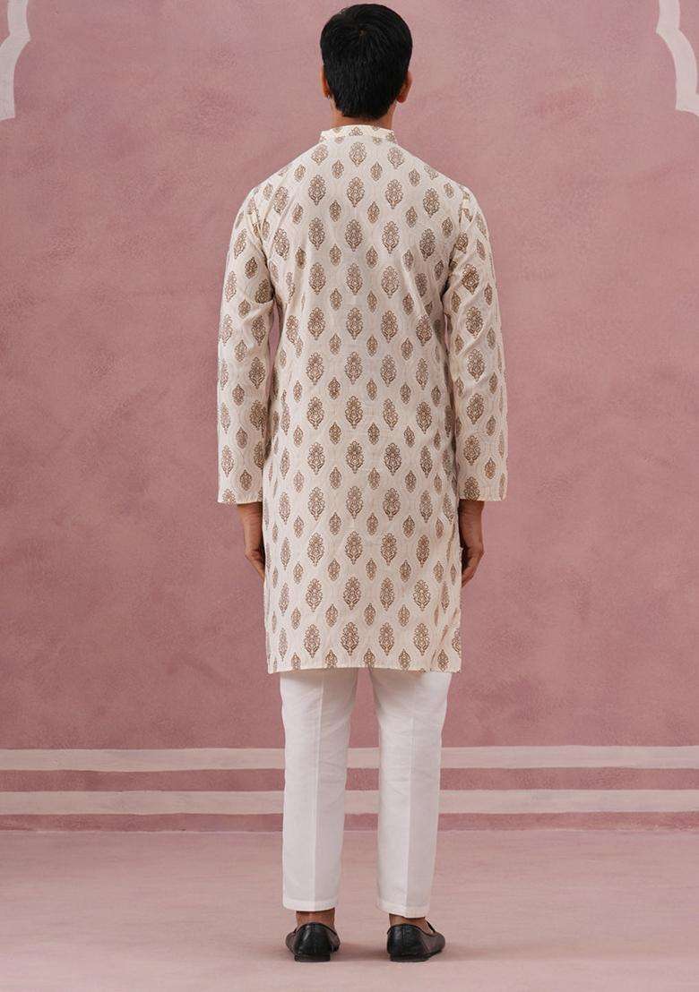 Cream Printed Silk Blend Kurta Pyjama Set For Men - Indya