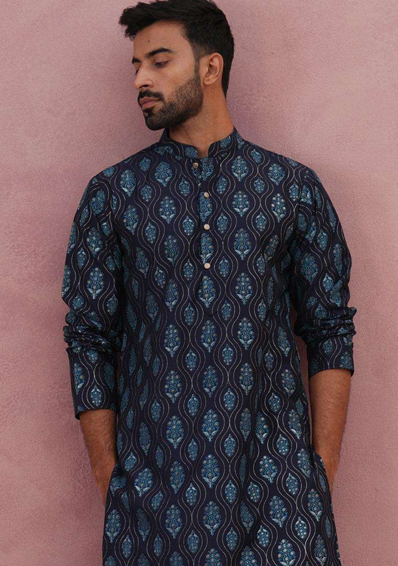 Navy Blue Printed Silk Blend Kurta Pyjama Set For Men - Indya