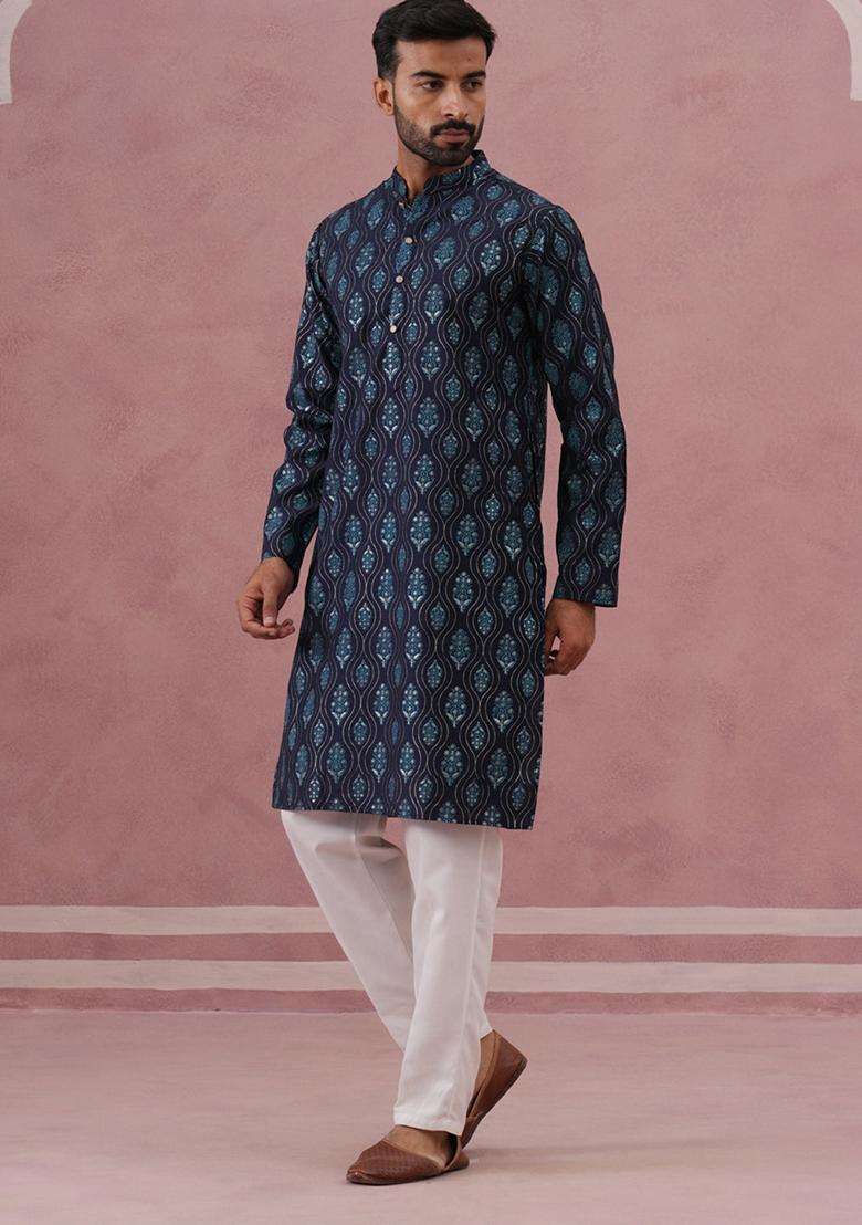 Navy Blue Printed Silk Blend Kurta Pyjama Set For Men - Indya