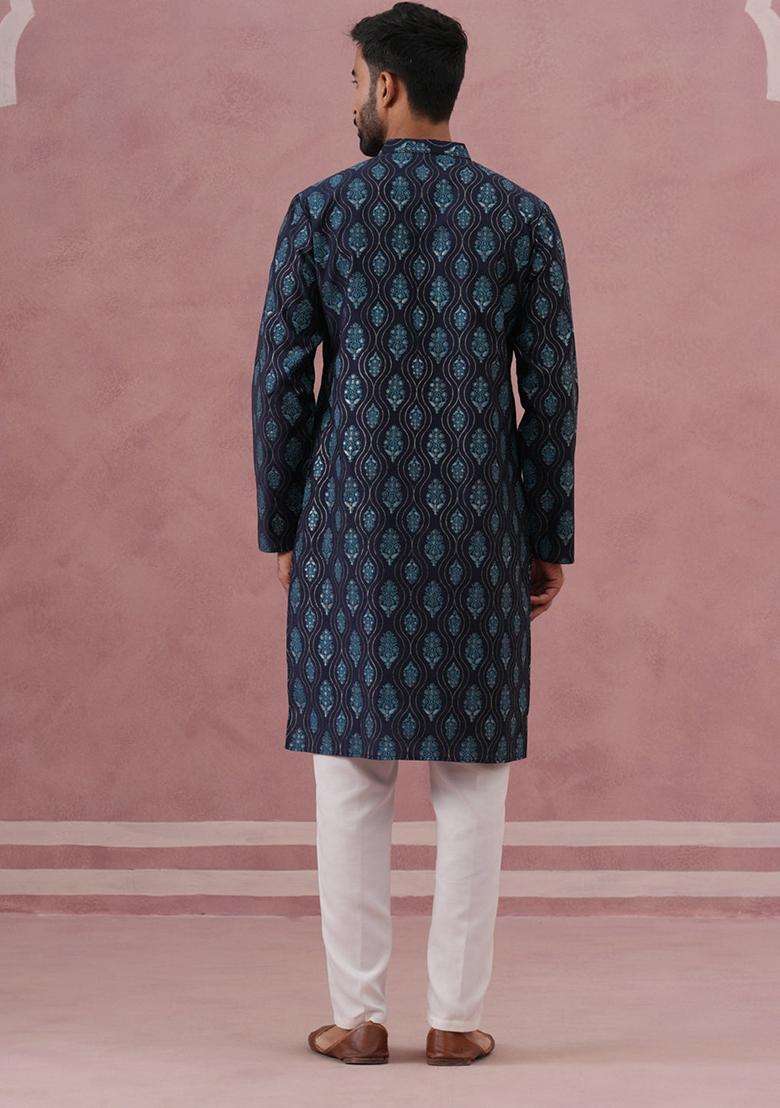 Navy Blue Printed Silk Blend Kurta Pyjama Set For Men - Indya