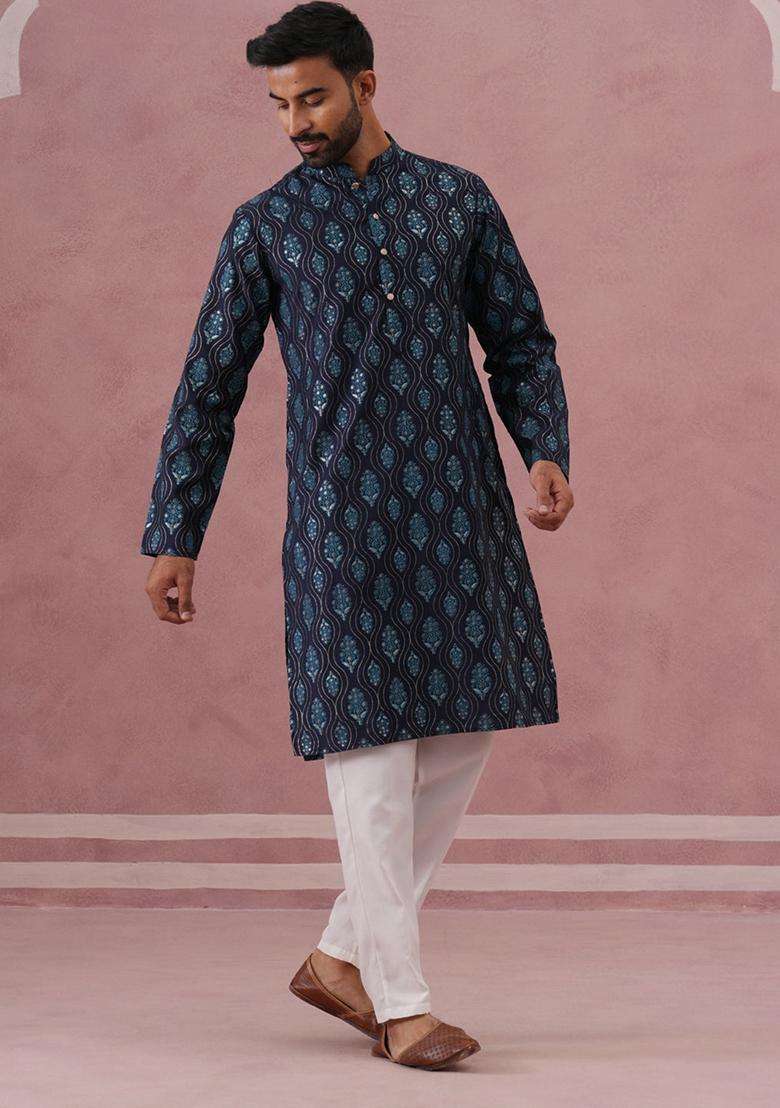 Navy Blue Printed Silk Blend Kurta Pyjama Set For Men - Indya