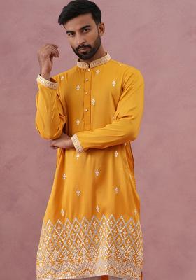 Mustard Embroidery Silk Blend Kurta Pyjama Set For Men