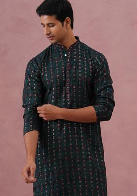 Olive Embroidery Silk Kurta Pyjama Set For Men