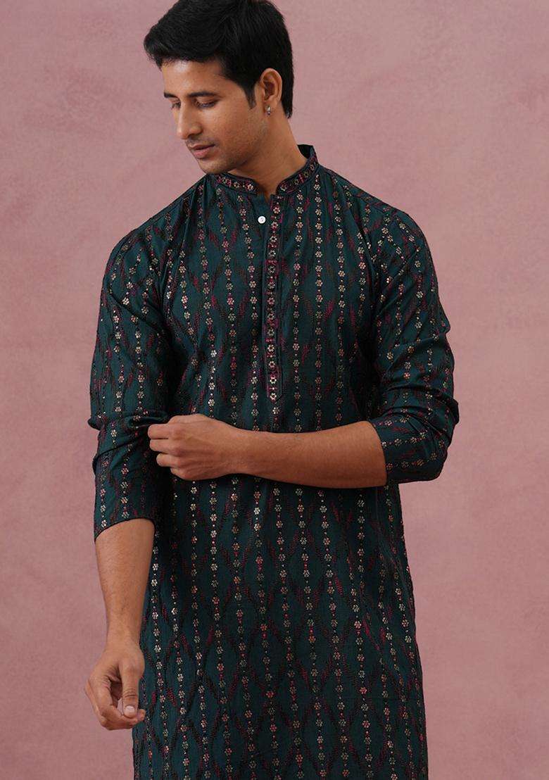 Olive Embroidery Silk Kurta Pyjama Set For Men - Indya