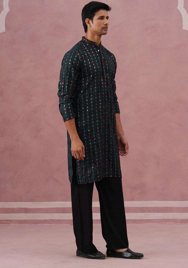 Olive Embroidery Silk Kurta Pyjama Set For Men - Indya